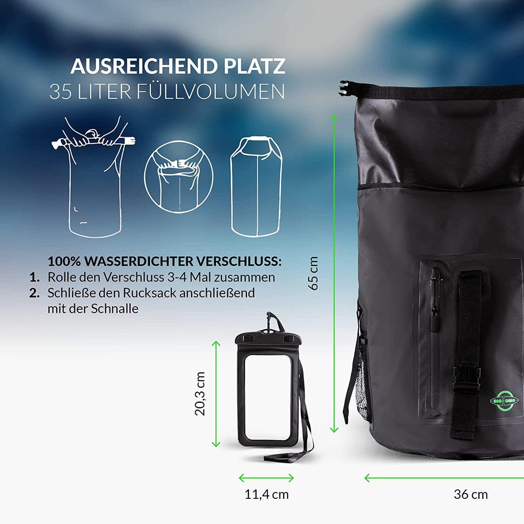 Big Ding Drybag (35L) - 100% Waterproof Backpack with Waterproof Mobile Phone Case